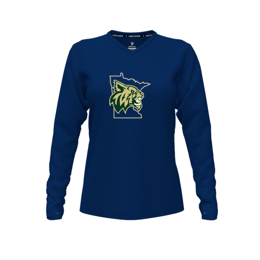 [CUS-DFW-TEES-CMF-VNK-LSL-NVY-FYXS-LOGO3] Decker Comfort T-Shirt (Female Youth XS, Navy, V Neck, Logo 3, Long Sleeve)